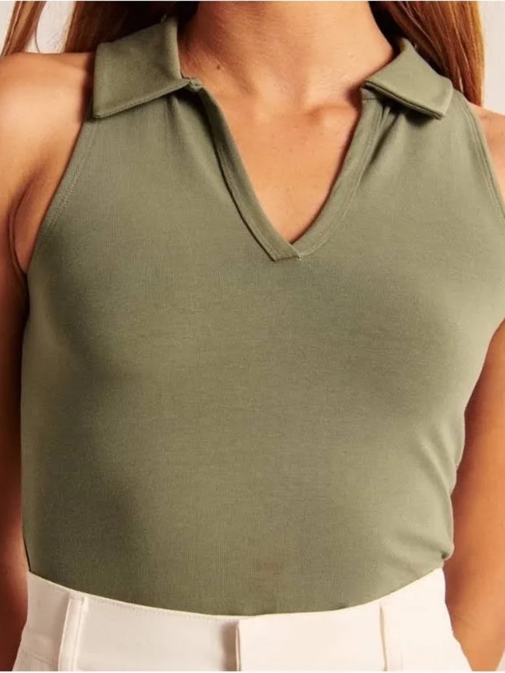 Abercrombie + Fitch Women’s Essential Tank Olive Collared V-Neck Sleeveless Top
